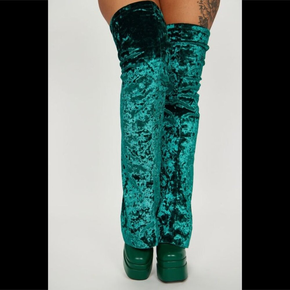 Good Will Unique Thigh High Emerald Velvet Fold over Chunky Heel Platform Boots - Picture 4 of 15
